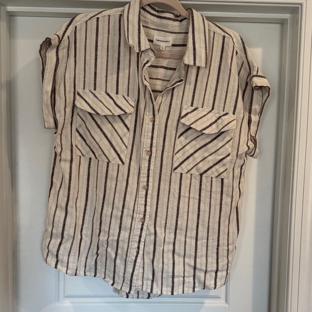 Thread & Supply Cream, Denim Blue and Red Striped Blouse